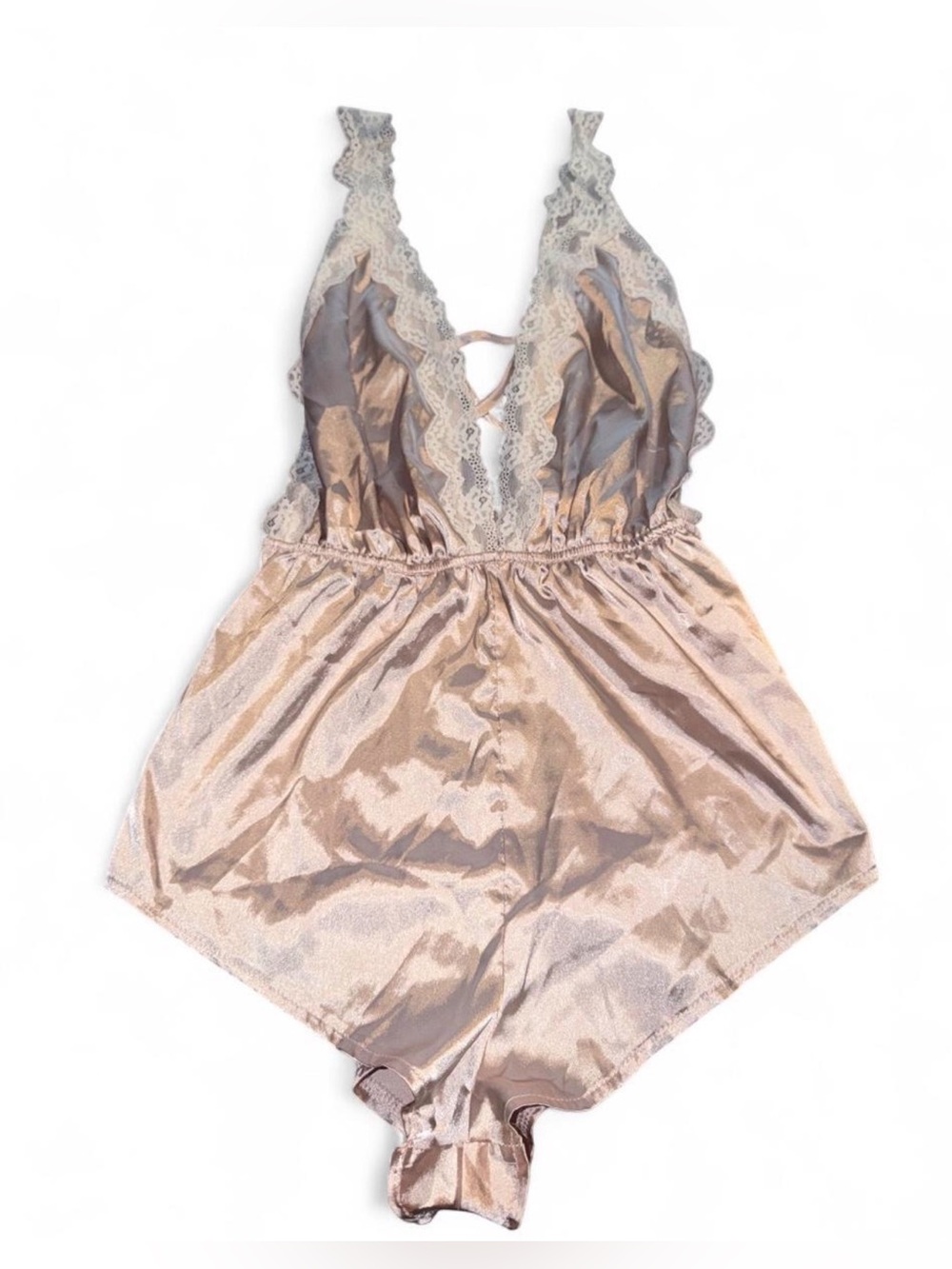 Lace Trim Satin Romper Bodysuit - Blush